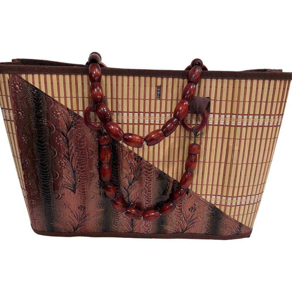 Bamboo Wood Slat Tote Bag Beaded Handles Brown Boho Large Handbag Purse Fanci